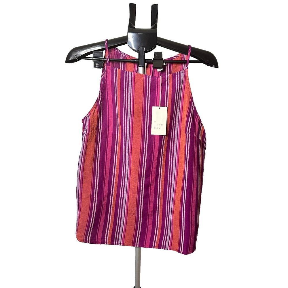 A New Day Striped Linen Camisole Tank Top Purple/Pink/Orange Women's Size L